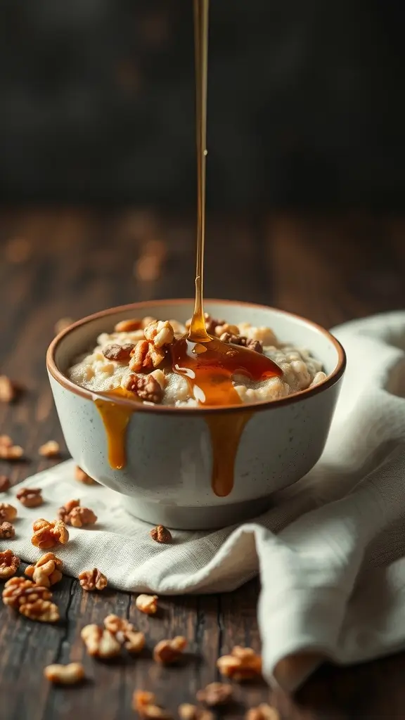 A bowl of Maple Walnut Oatmeal drizzled with syrup and topped with walnuts.