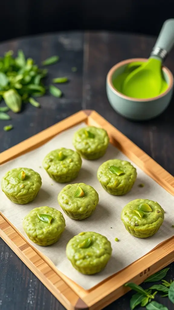 Matcha green tea oatmeal bites on a bamboo tray