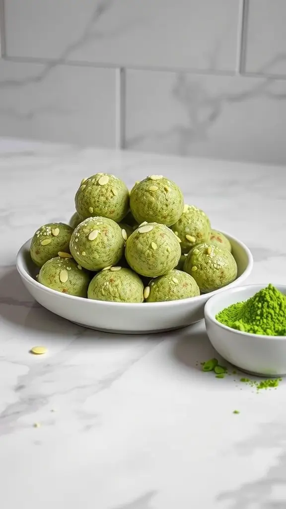 A plate of matcha green tea protein balls, vibrant green in color and sprinkled with nuts.