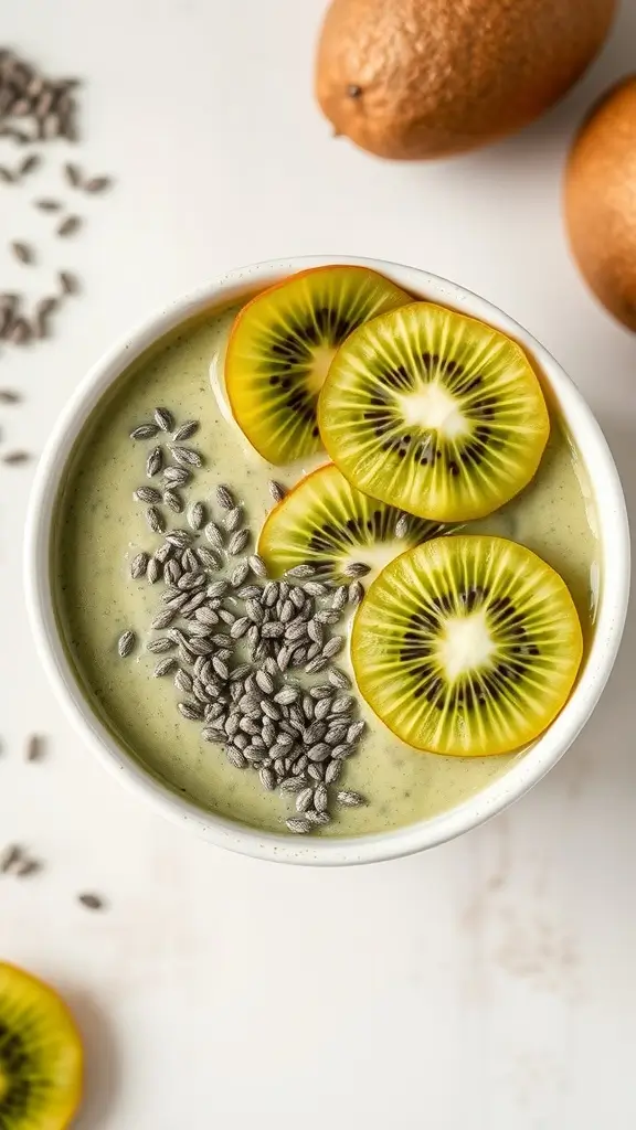 A bowl of matcha green tea protein smoothie topped with kiwi slices and seeds.