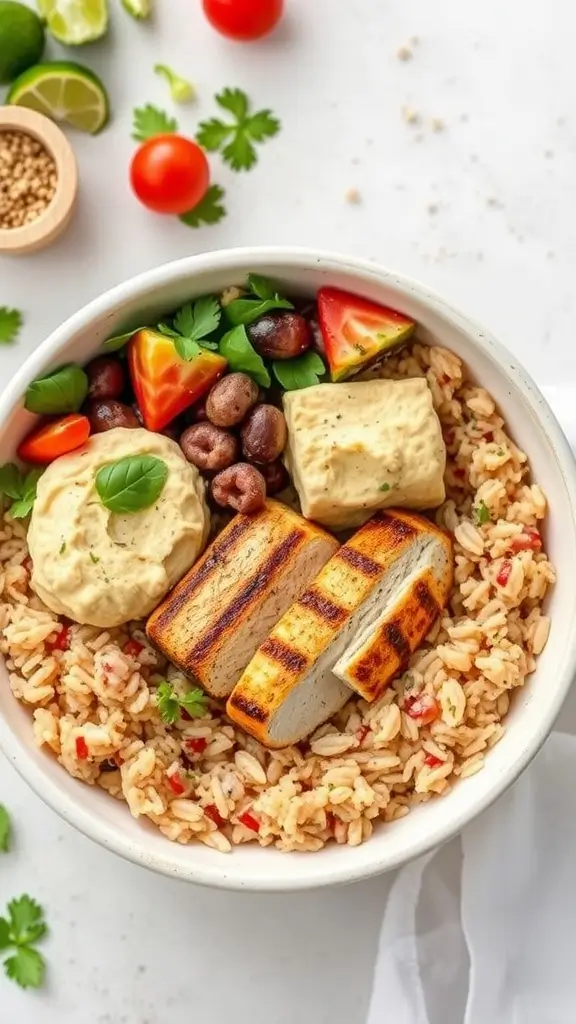 A bowl containing grilled chicken breast, hummus, rice, cherry tomatoes, olives, and cucumbers, garnished with fresh herbs.