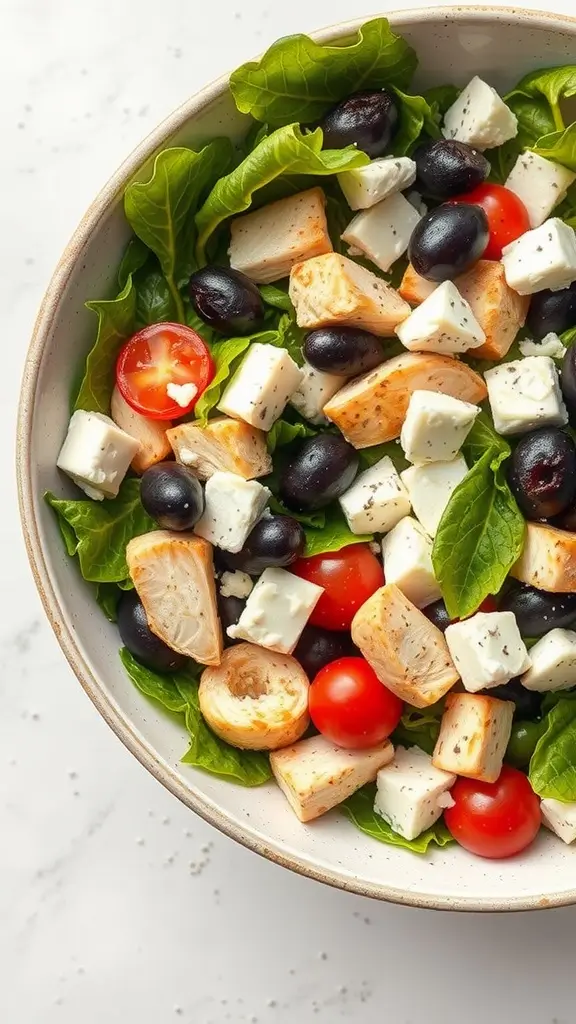 A colorful Mediterranean chicken salad with feta cheese, olives, tomatoes, and greens.