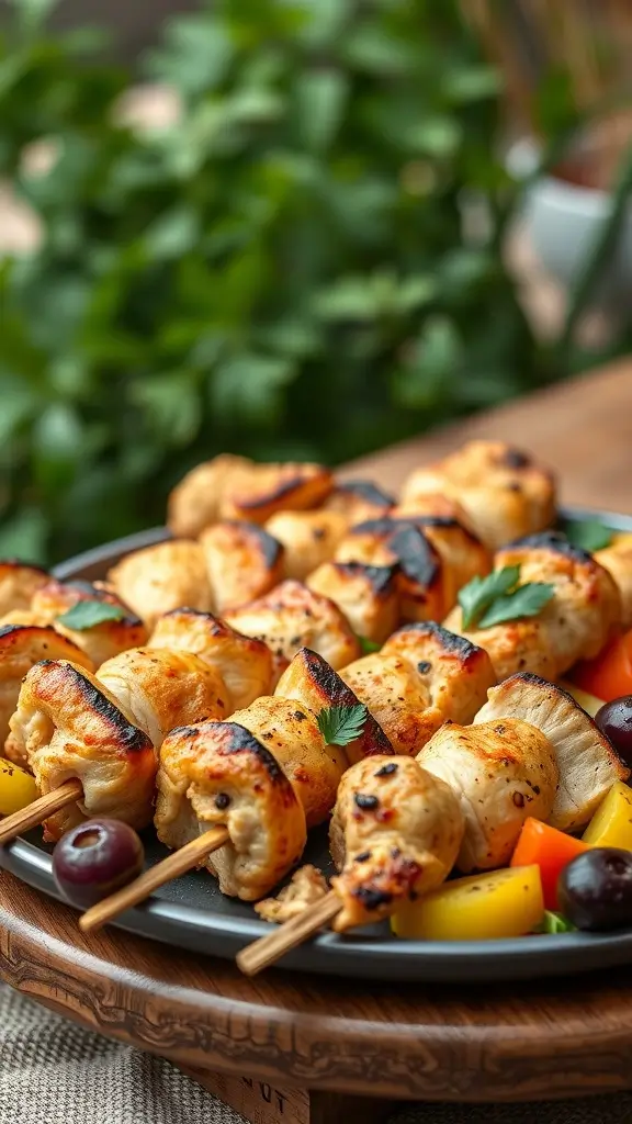 Delicious Mediterranean Chicken Skewers with colorful vegetables on a plate.
