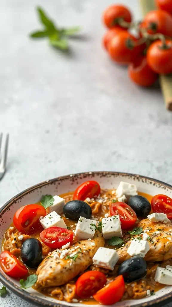 A delicious Mediterranean chicken skillet with cherry tomatoes, olives, and feta cheese.