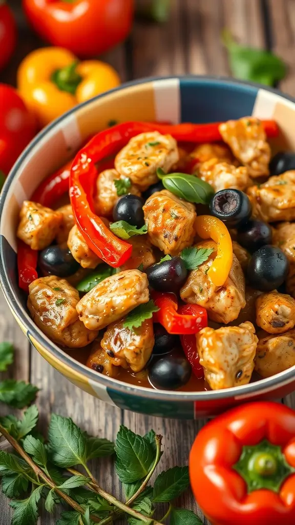 Colorful Mediterranean chicken stir-fry with peppers and olives in a bowl