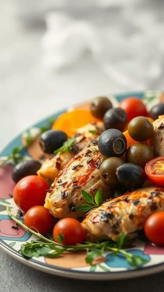Plate of Mediterranean Chicken with Olives, surrounded by cherry tomatoes and herbs.