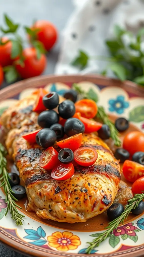 Mediterranean chicken breast topped with olives and tomatoes, garnished with fresh herbs.