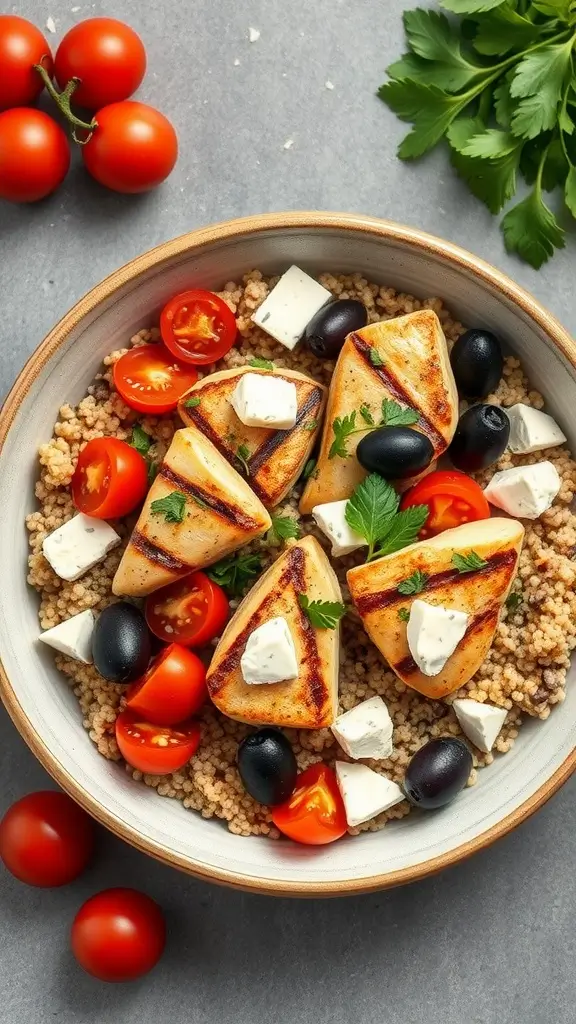 A bowl of Mediterranean chicken with quinoa, featuring grilled chicken, cherry tomatoes, black olives, and feta cheese.