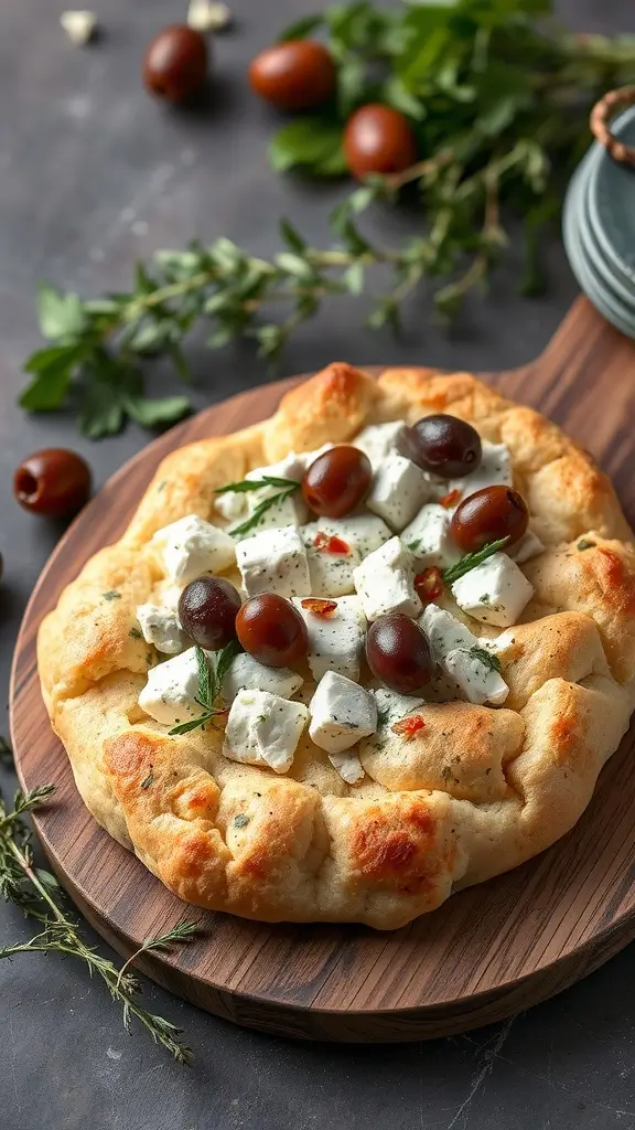 Mediterranean cloud bread topped with feta and olives on a wooden board.