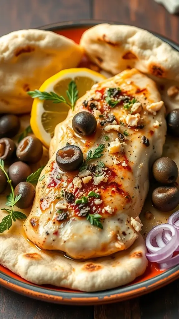 A beautifully plated Mediterranean Lemon Chicken Breast with olives and herbs.