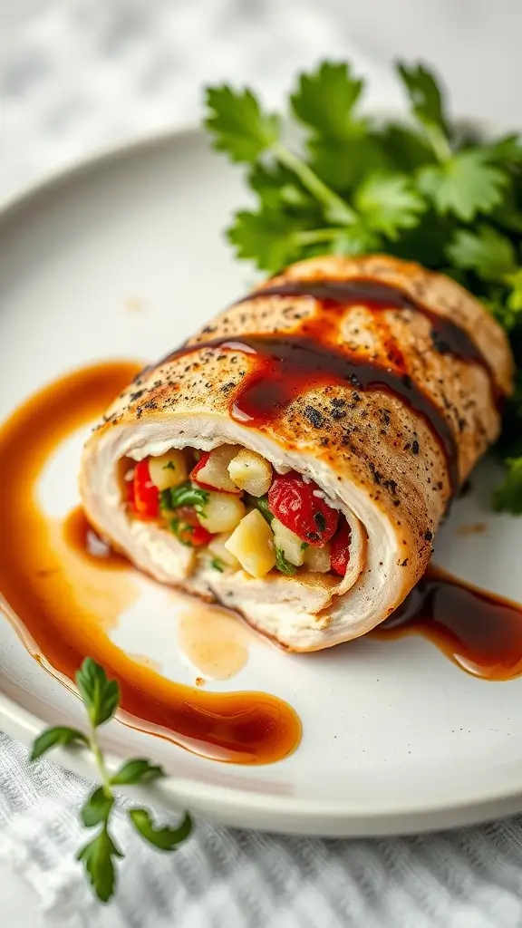 Mediterranean stuffed chicken breast with fresh vegetables and herbs.