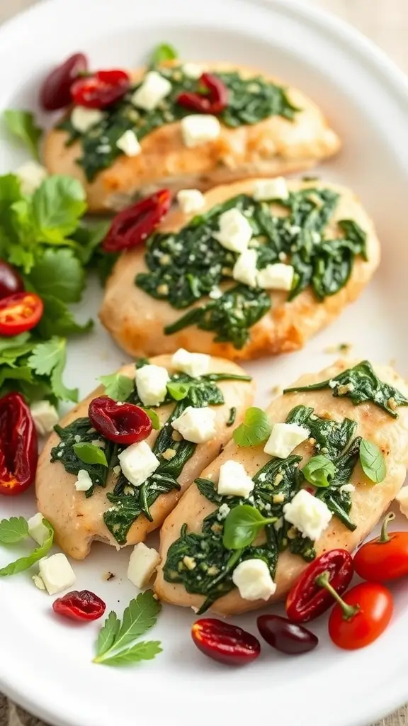 Mediterranean stuffed chicken breasts topped with spinach, feta, and sun-dried tomatoes, garnished with herbs.