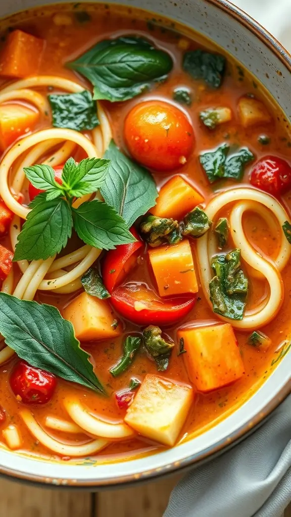 Bowl of Minestrone Soup with Zucchini Noodles garnished with parsley