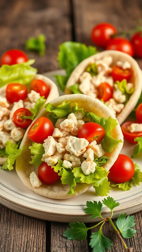 Mini pita pockets filled with chicken salad, lettuce, and cherry tomatoes.