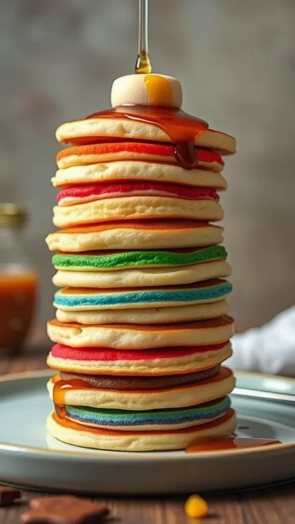 A stack of colorful mini pancakes with syrup drizzling down