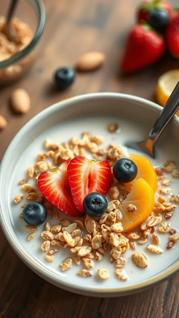 Bowl of muesli with almond milk and fresh fruit, including strawberries, blueberries, and almonds.