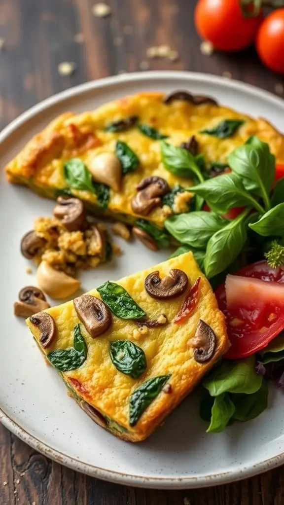 A slice of mushroom and spinach quinoa frittata served with fresh salad.