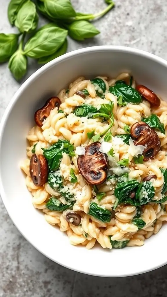 A bowl of mushroom and spinach risotto topped with herbs