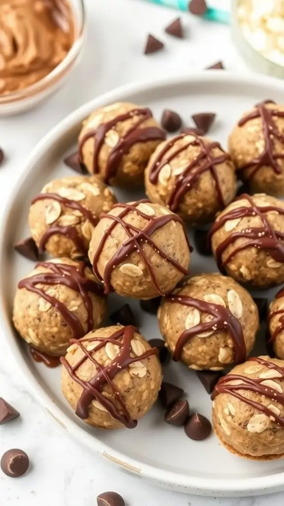 A plate of no-bake chocolate peanut butter energy bites drizzled with chocolate.