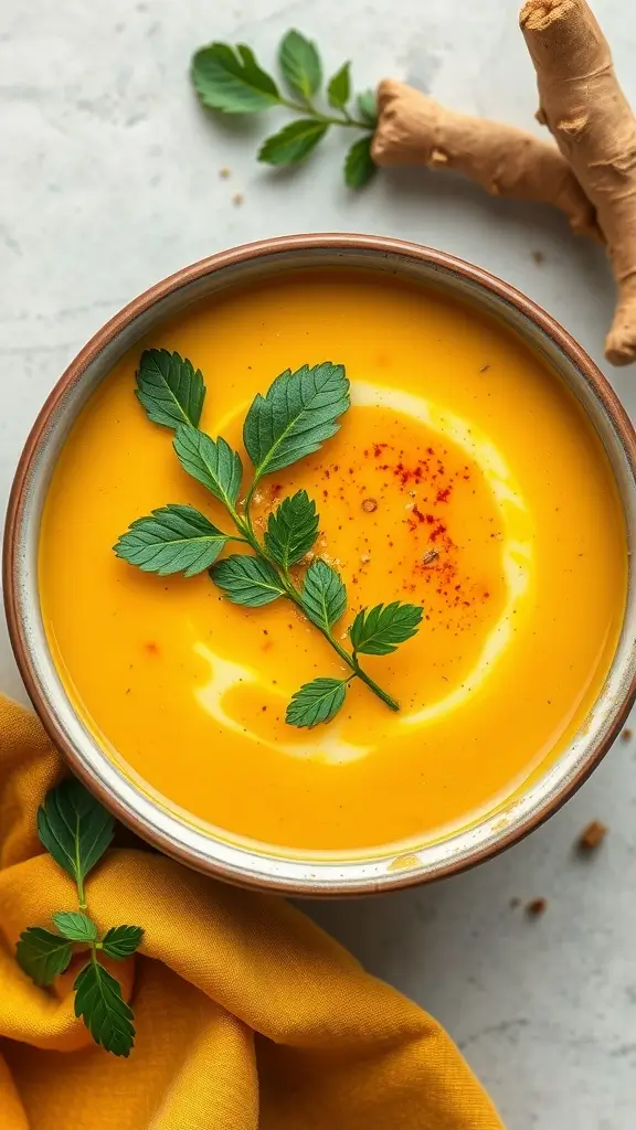 A warm bowl of Ginger Turmeric Soup with a creamy swirl on top, garnished with herbs.