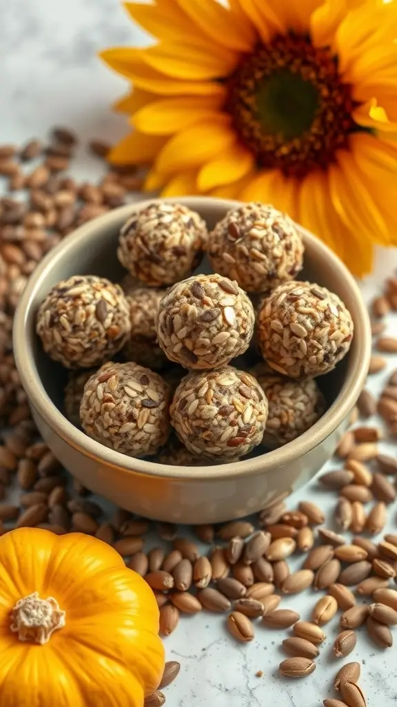 Nut-free seed energy balls in a bowl with sunflower seeds and a small pumpkin.