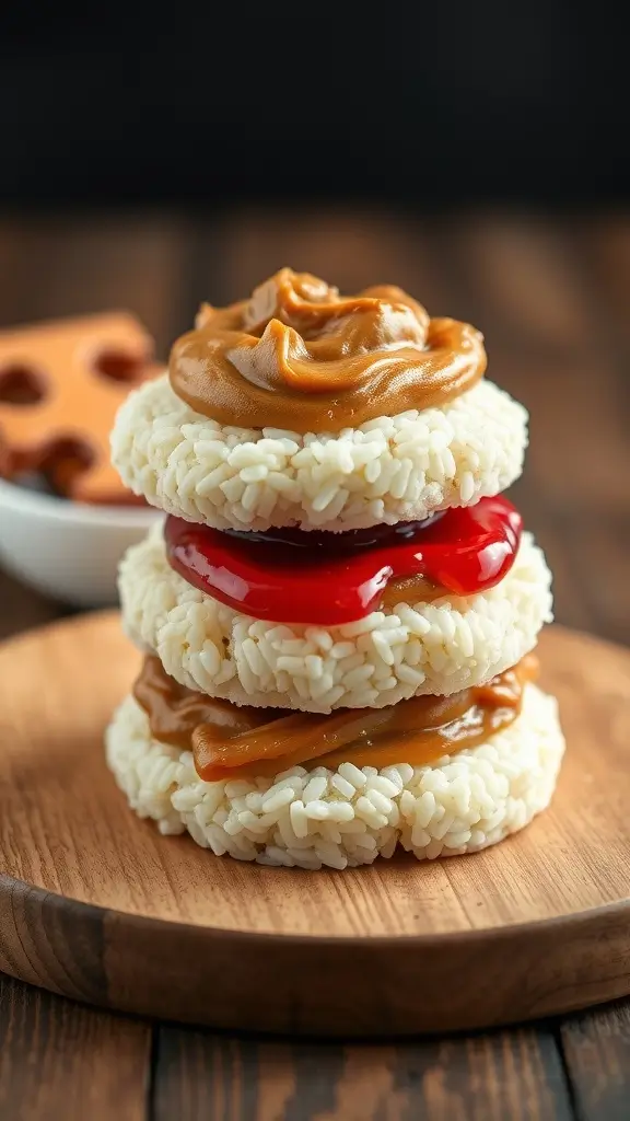 Nut butter and jelly rice cakes stacked on a wooden plate.