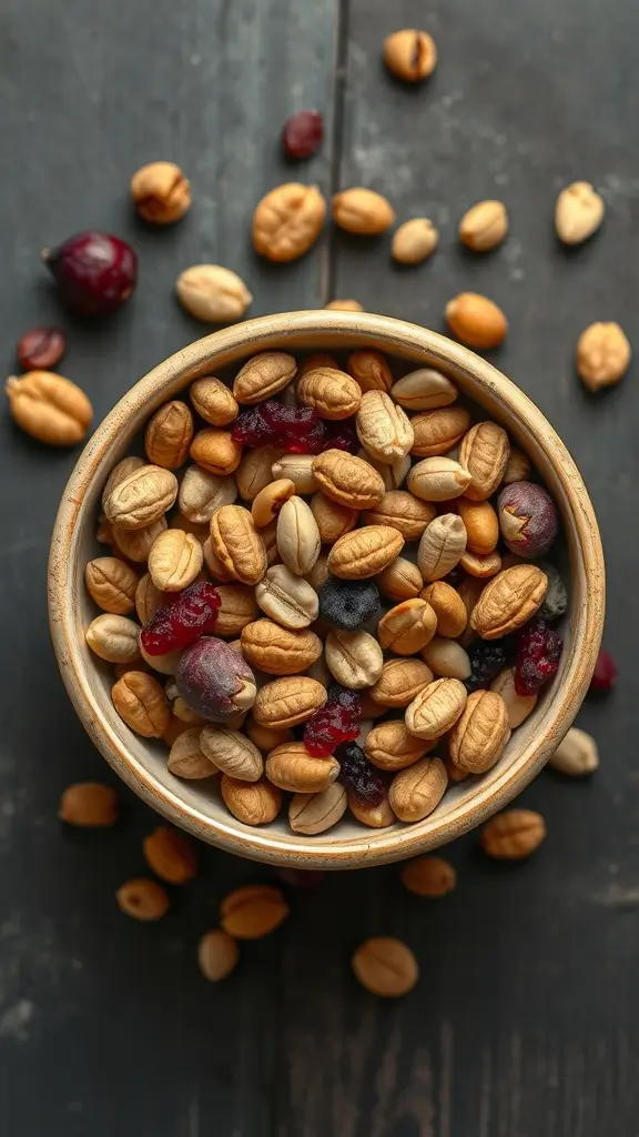 A bowl of nut mix with seeds and dried fruit.
