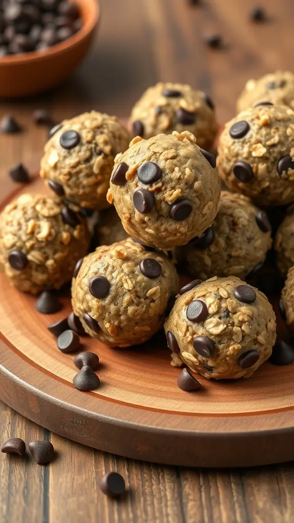 Nutty Chocolate Chip Energy Oatmeal Balls on a wooden plate