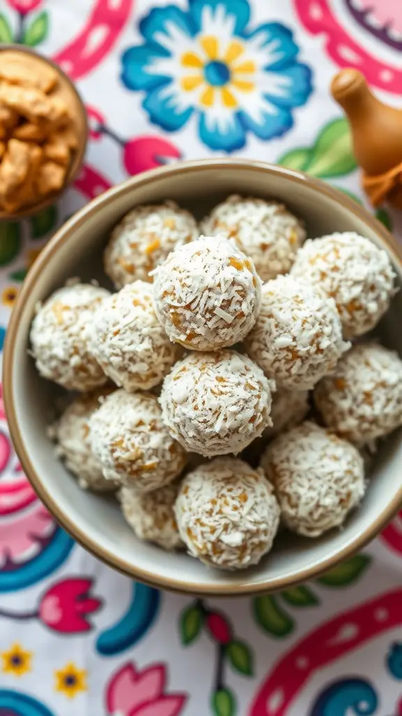 A bowl of Nutty Coconut Peanut Butter Bites arranged neatly, showcasing their delicious texture.