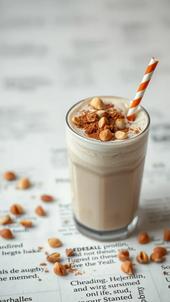 A creamy nutty hazelnut protein shake topped with nuts and a straw.