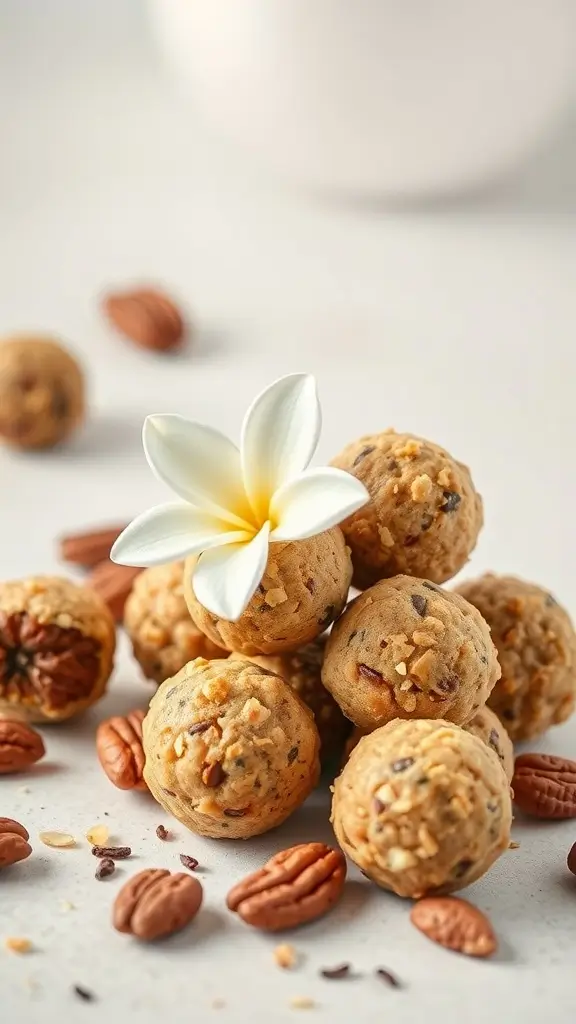 Nutty Vanilla Protein Balls with a sprinkle of nuts and a flower