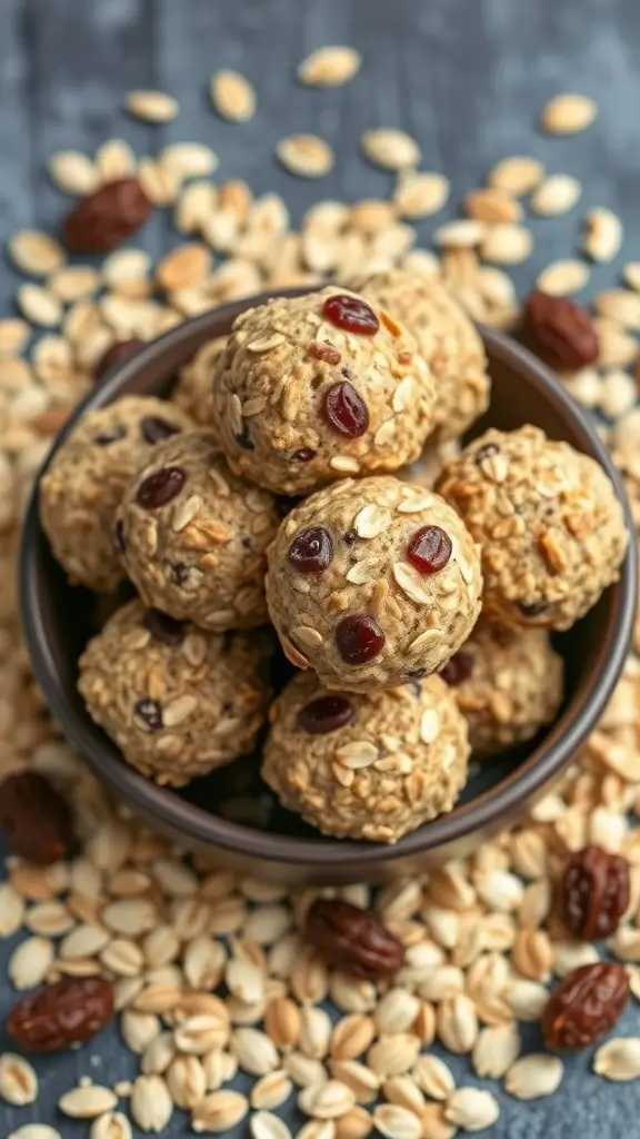 Oatmeal Raisin Peanut Butter Balls in a bowl, surrounded by oats and raisins.