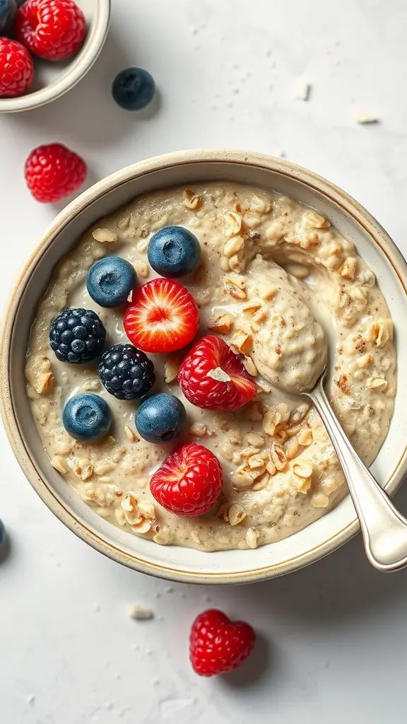 A bowl of oatmeal topped with fresh berries and a spoon.