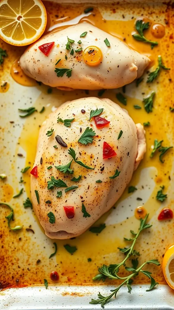 A dish of olive oil and lemon baked chicken garnished with herbs and lemon slices.