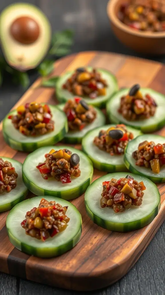 Cucumber rounds topped with olive tapenade on a wooden platter.