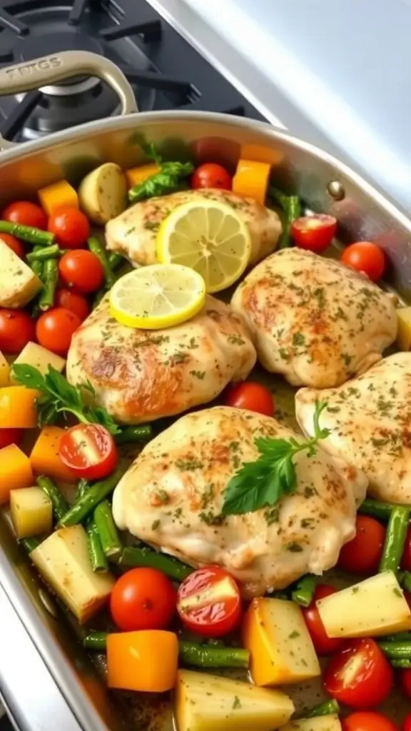 A delicious one-pan lemon herb chicken dish with colorful vegetables.