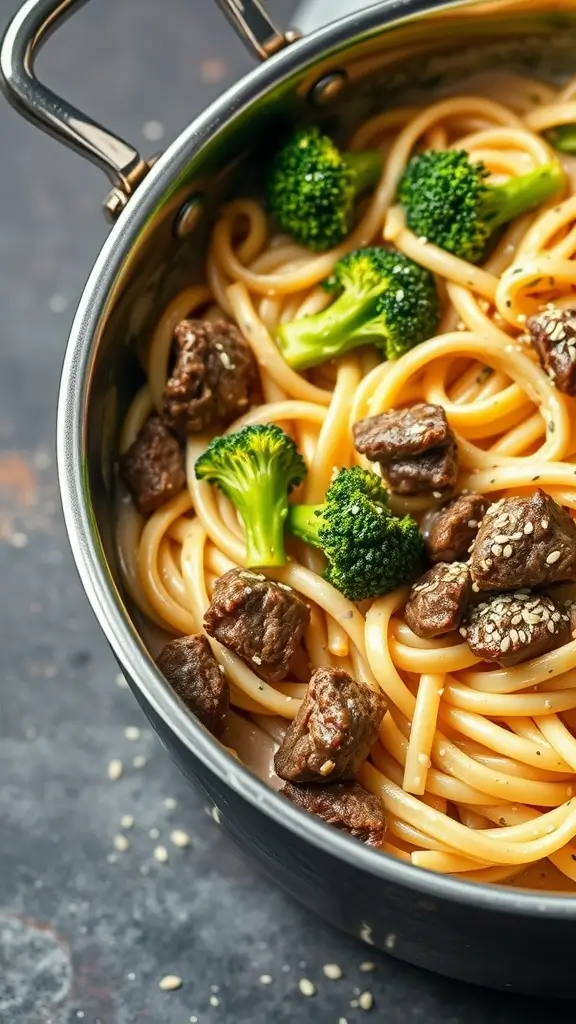 A delicious one-pot beef and broccoli alfredo pasta dish