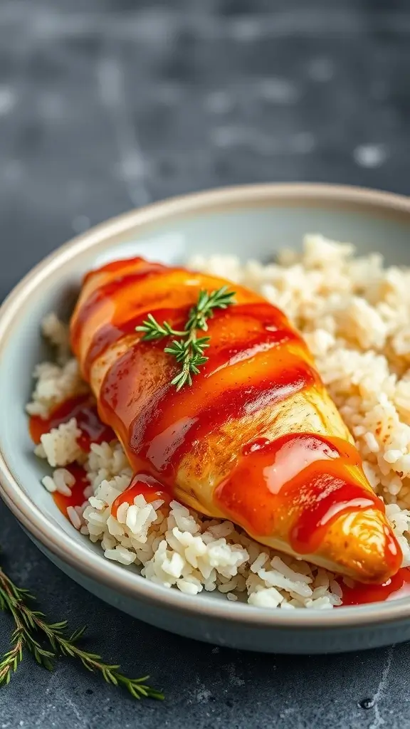 A plate of orange-glazed chicken served over rice with thyme