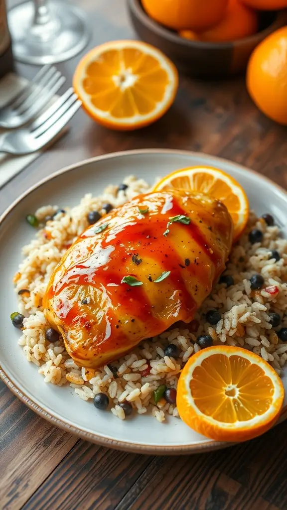 A plate of orange glazed chicken served over wild rice with fresh oranges on the side.