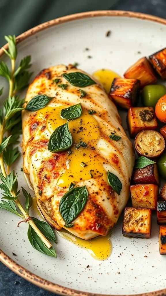 Oven-baked pesto chicken breast served with roasted vegetables