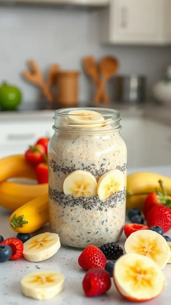 A jar of overnight oats layered with chia seeds and banana, surrounded by fresh bananas and berries.