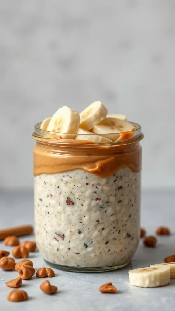 A jar of overnight oats topped with peanut butter and banana slices.