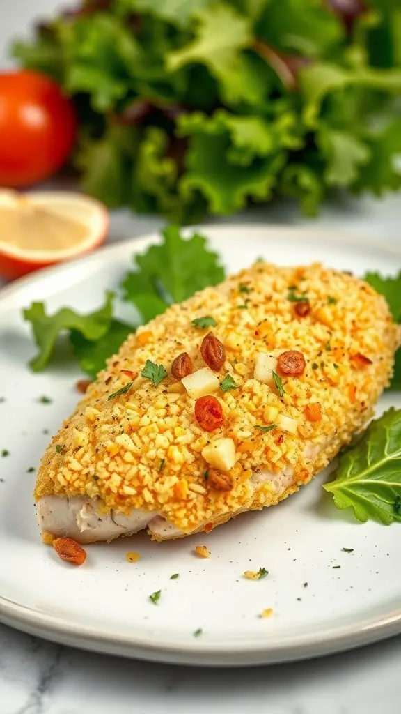 Deliciously baked Parmesan crusted chicken breast on a plate with fresh greens.