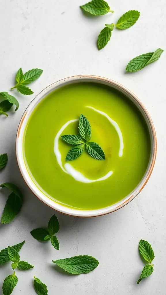 A vibrant bowl of pea and mint soup garnished with mint leaves.