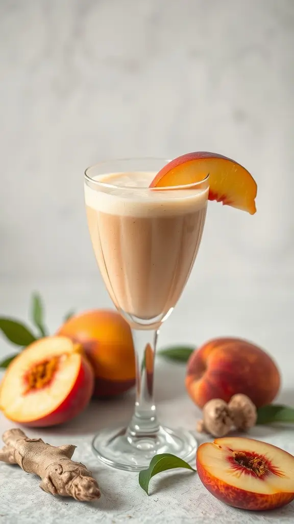 Peach and Ginger Protein Smoothie in a glass with fresh peaches and ginger
