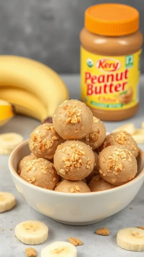 Bowl of peanut butter and banana energy balls with bananas and peanut butter jar in the background.