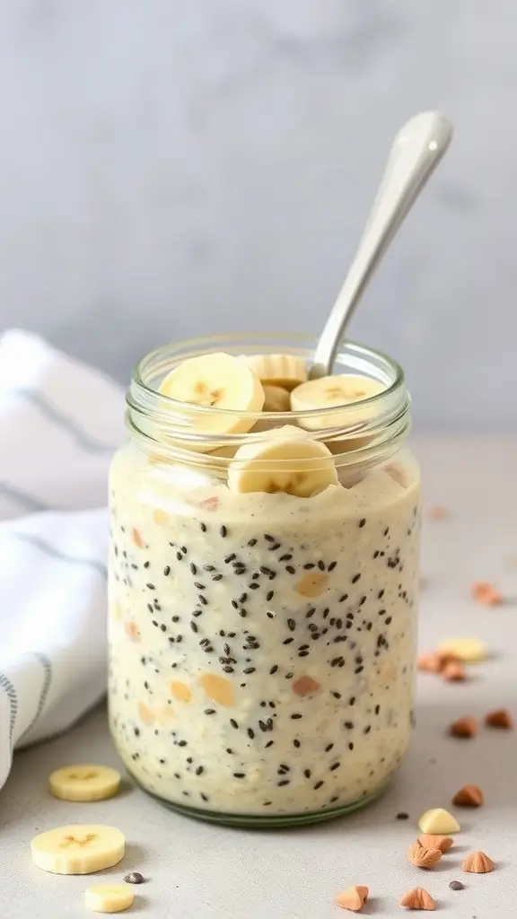 A jar of peanut butter and banana overnight oats topped with banana slices.
