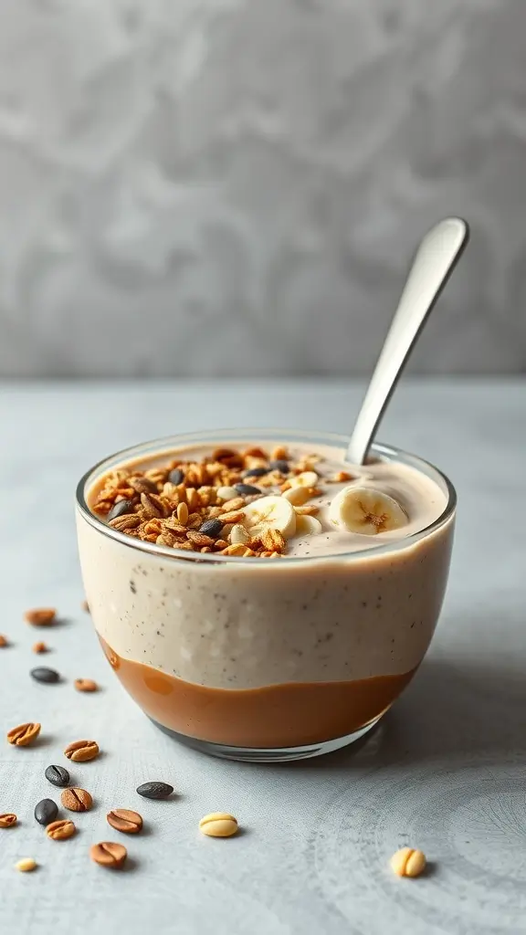 A delicious peanut butter and banana smoothie bowl topped with granola and sliced bananas.