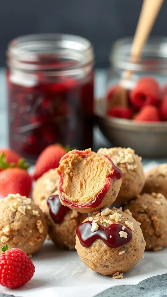 Peanut Butter and Jelly Energy Balls stacked with a jar of jelly in the background.