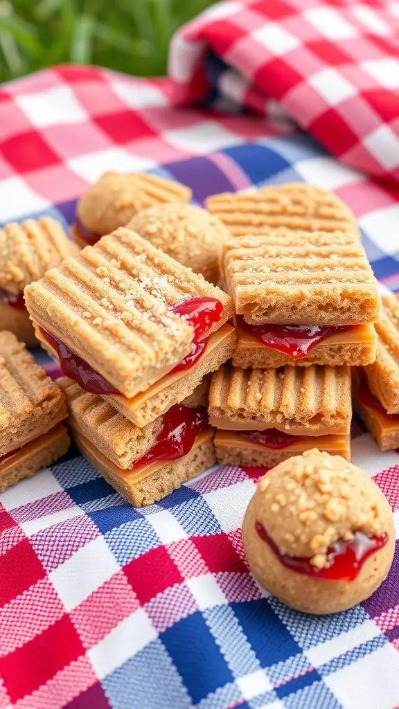Peanut Butter and Jelly Energy Bites on a picnic blanket